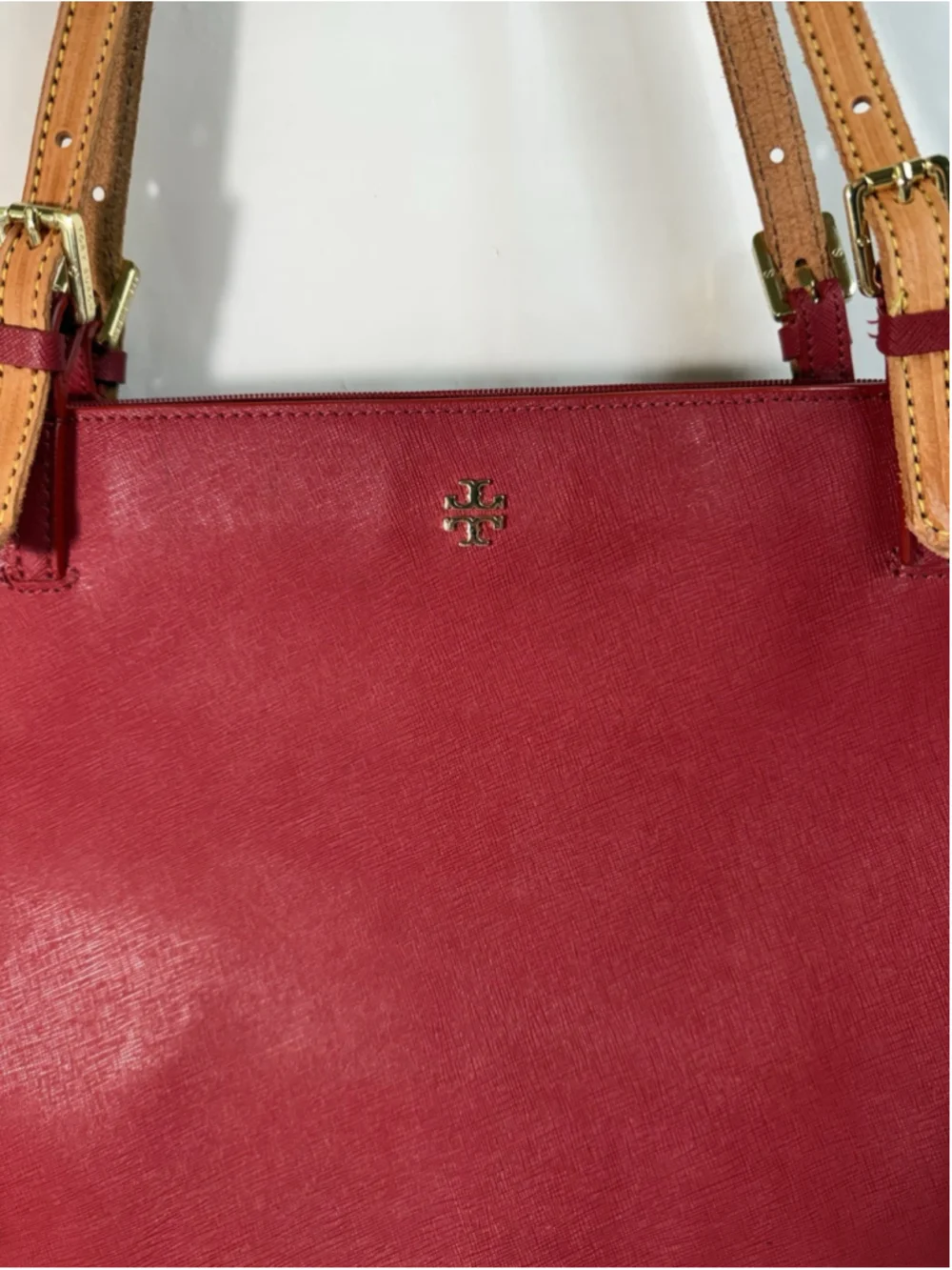 Tory Burch Buckle Large Red Saffiano Leather Laptop Tote Bag Purse new